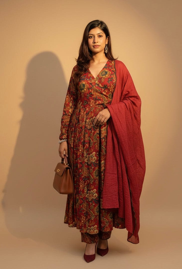 Angrakha Maroon Floral Kalamkari Anarkali Cotton Suit Set