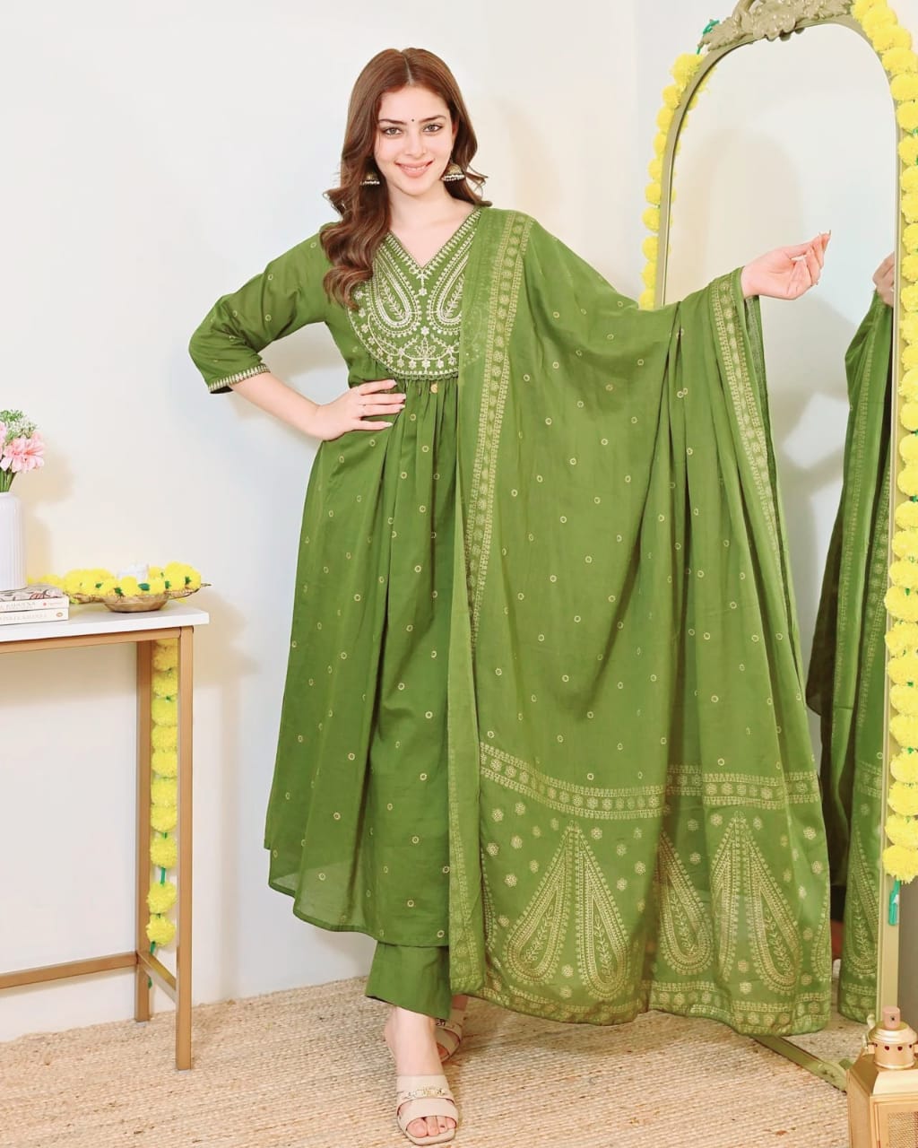 Eleanor Olive Green Gold-Printed Anarkali Cotton Suit Set with Heavy Embroidery