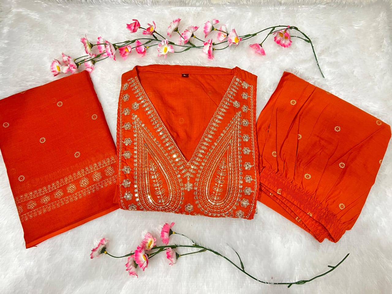 Ailany Rust Mustard Gold-Printed Anarkali Cotton Suit Set with Heavy Embroidery