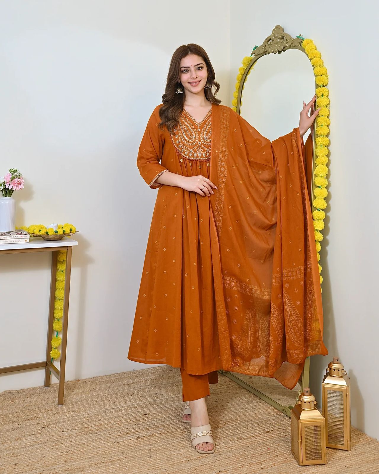 Ailany Rust Mustard Gold-Printed Anarkali Cotton Suit Set with Heavy Embroidery