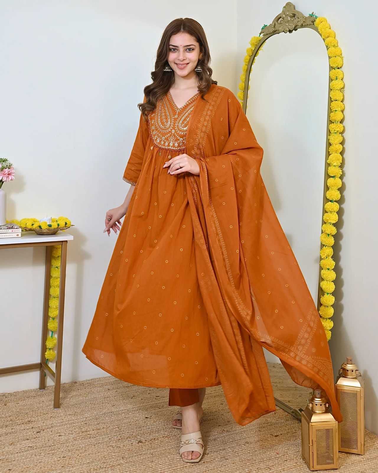 Ailany Rust Mustard Gold-Printed Anarkali Cotton Suit Set with Heavy Embroidery