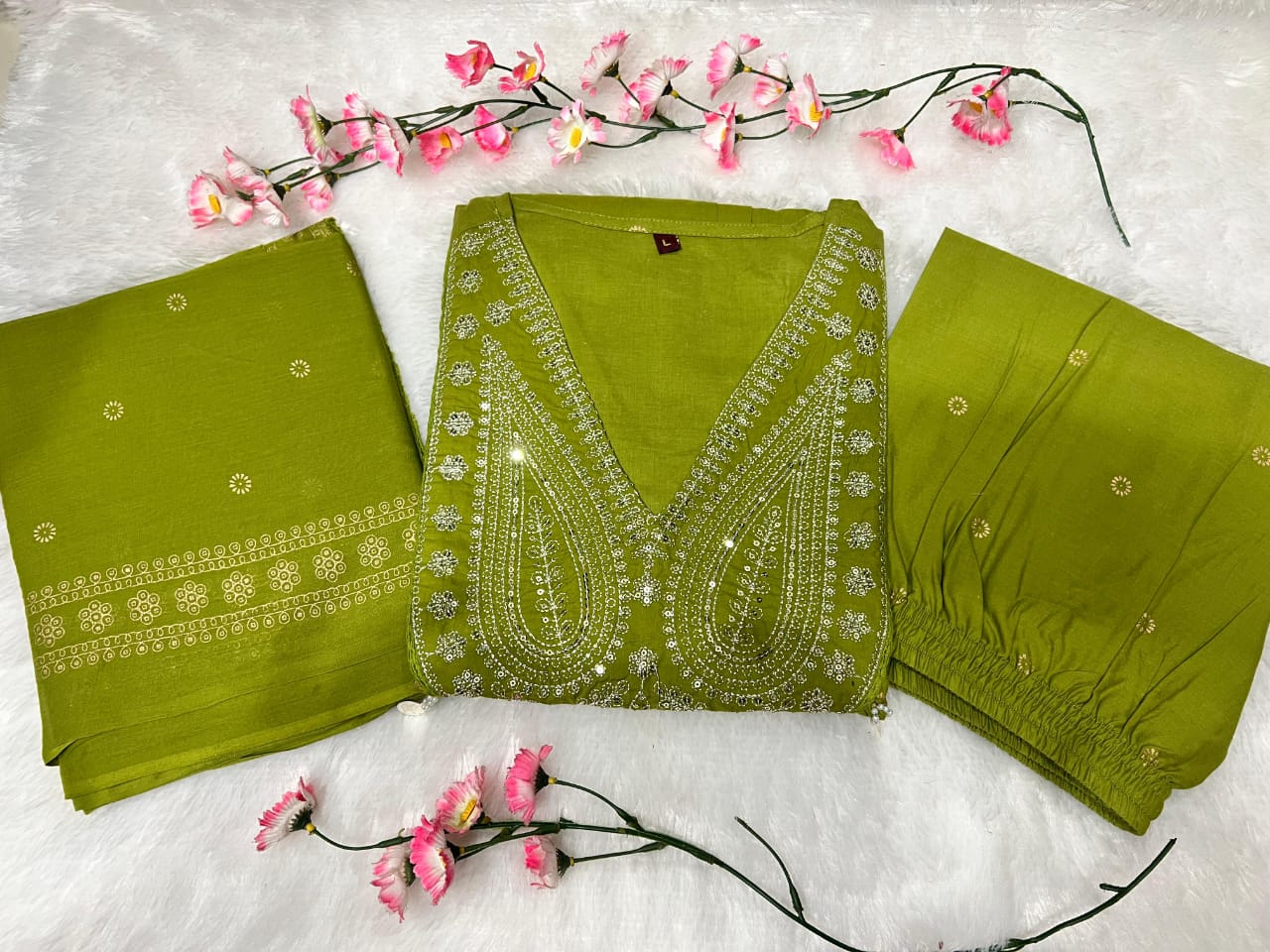 Eleanor Olive Green Gold-Printed Anarkali Cotton Suit Set with Heavy Embroidery