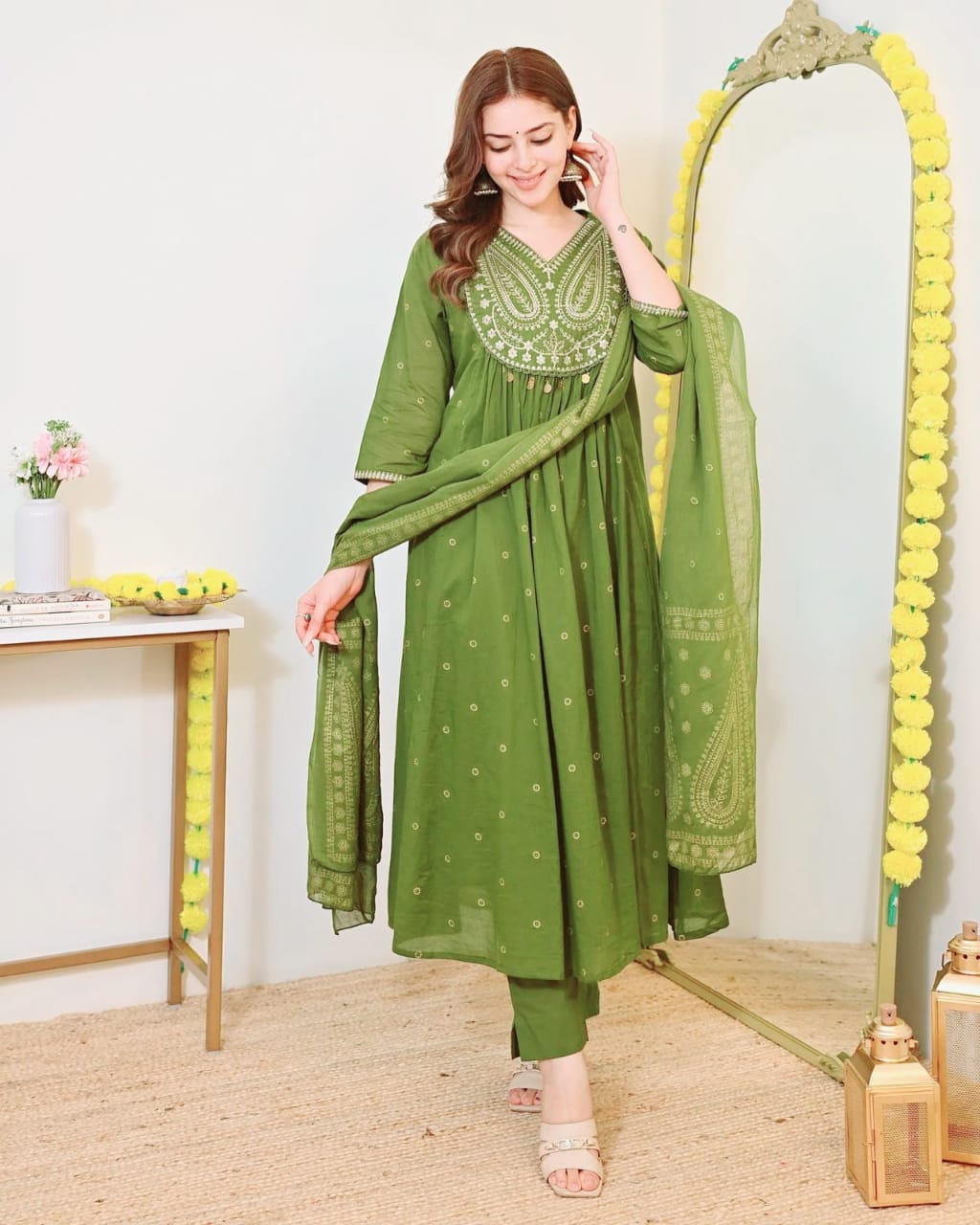 Eleanor Olive Green Gold-Printed Anarkali Cotton Suit Set with Heavy Embroidery