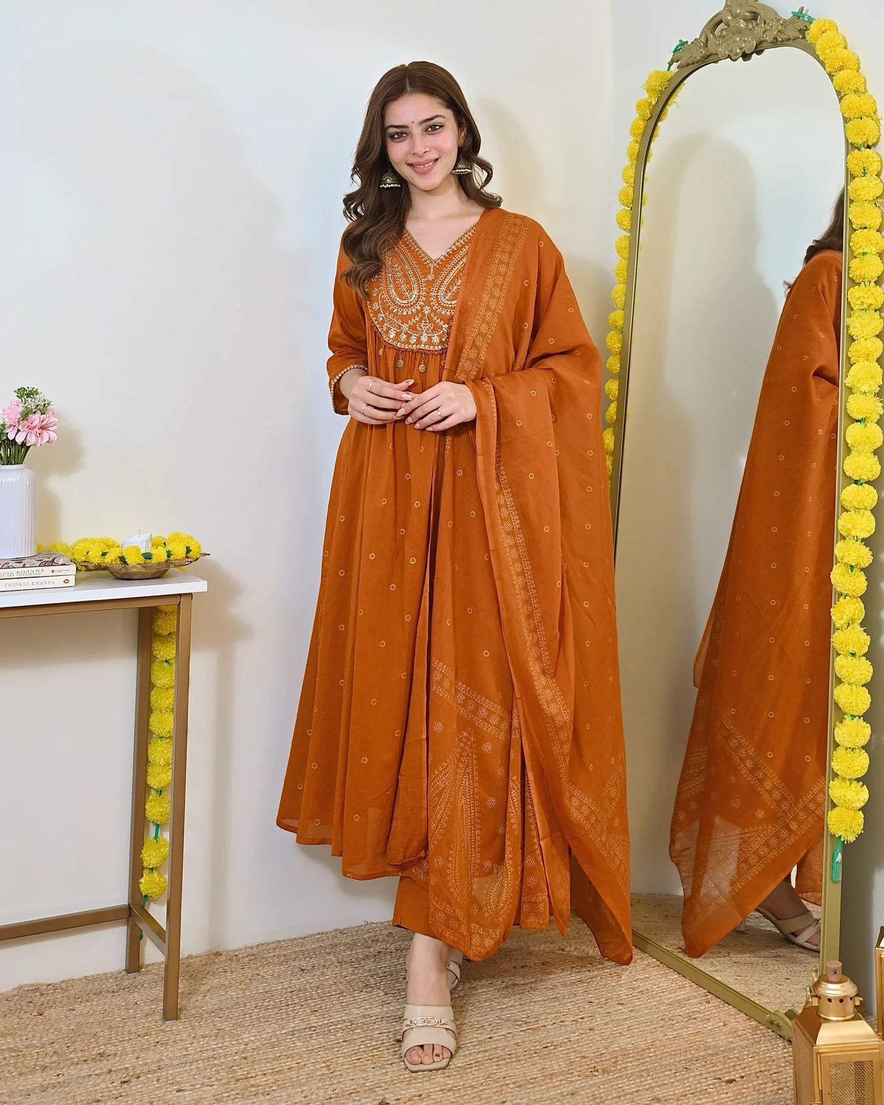 Ailany Rust Mustard Gold-Printed Anarkali Cotton Suit Set with Heavy Embroidery