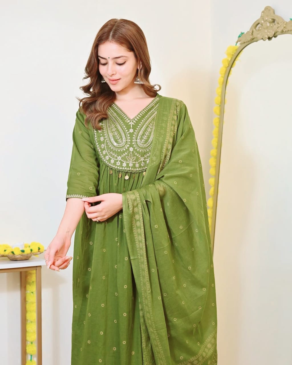 Eleanor Olive Green Gold-Printed Anarkali Cotton Suit Set with Heavy Embroidery