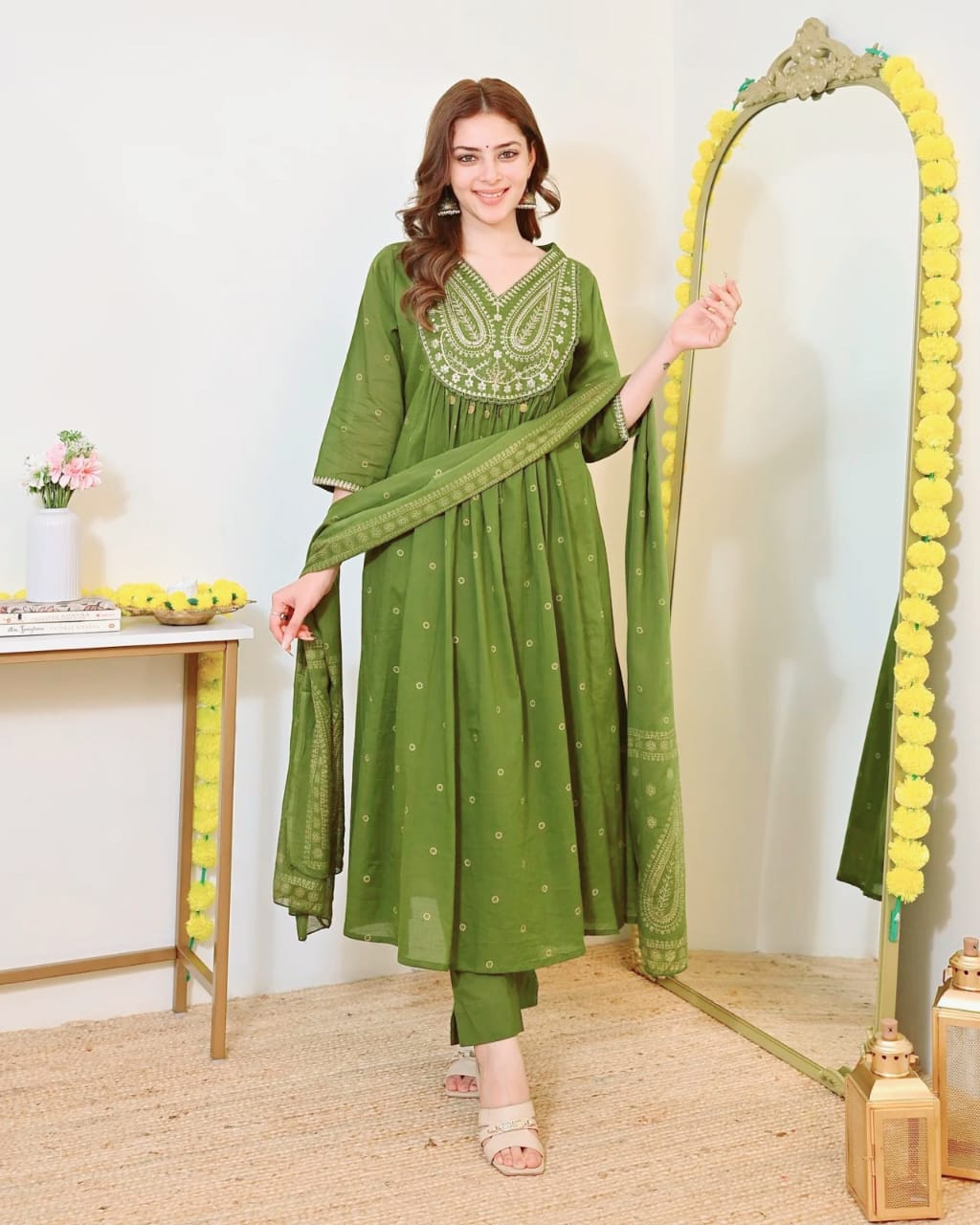 Eleanor Olive Green Gold-Printed Anarkali Cotton Suit Set with Heavy Embroidery