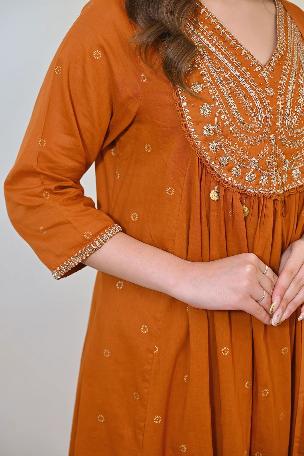 Ailany Rust Mustard Gold-Printed Anarkali Cotton Suit Set with Heavy Embroidery