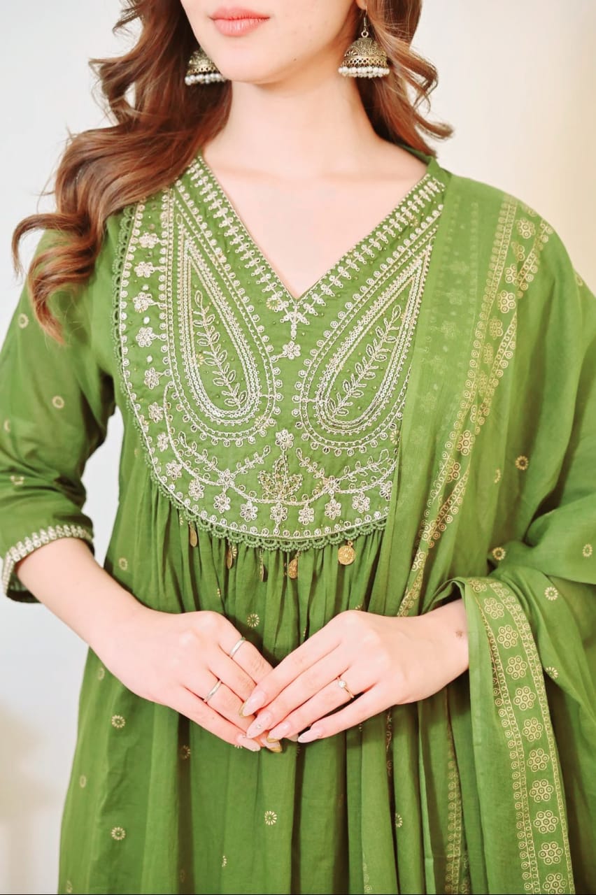 Eleanor Olive Green Gold-Printed Anarkali Cotton Suit Set with Heavy Embroidery