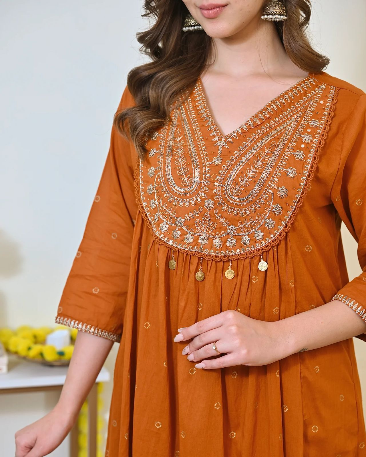 Ailany Rust Mustard Gold-Printed Anarkali Cotton Suit Set with Heavy Embroidery