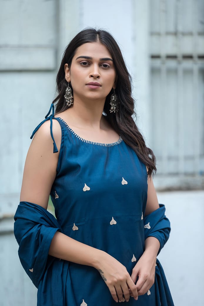 Camila Chic Teal Blue Heart-Print Sleeveless Cotton Kurti Set with Pant and Dupatta