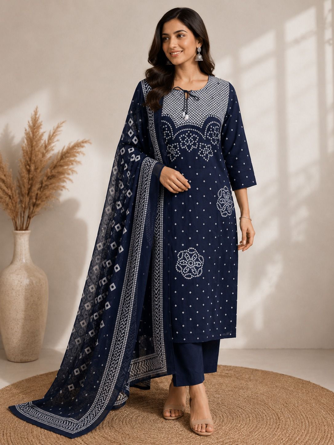 Noor-e-Navy Bandhej Discharge Print Cotton Suit Set