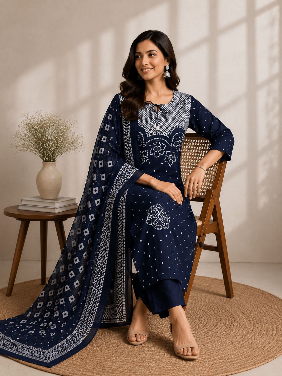 Noor-e-Navy Bandhej Discharge Print Cotton Suit Set