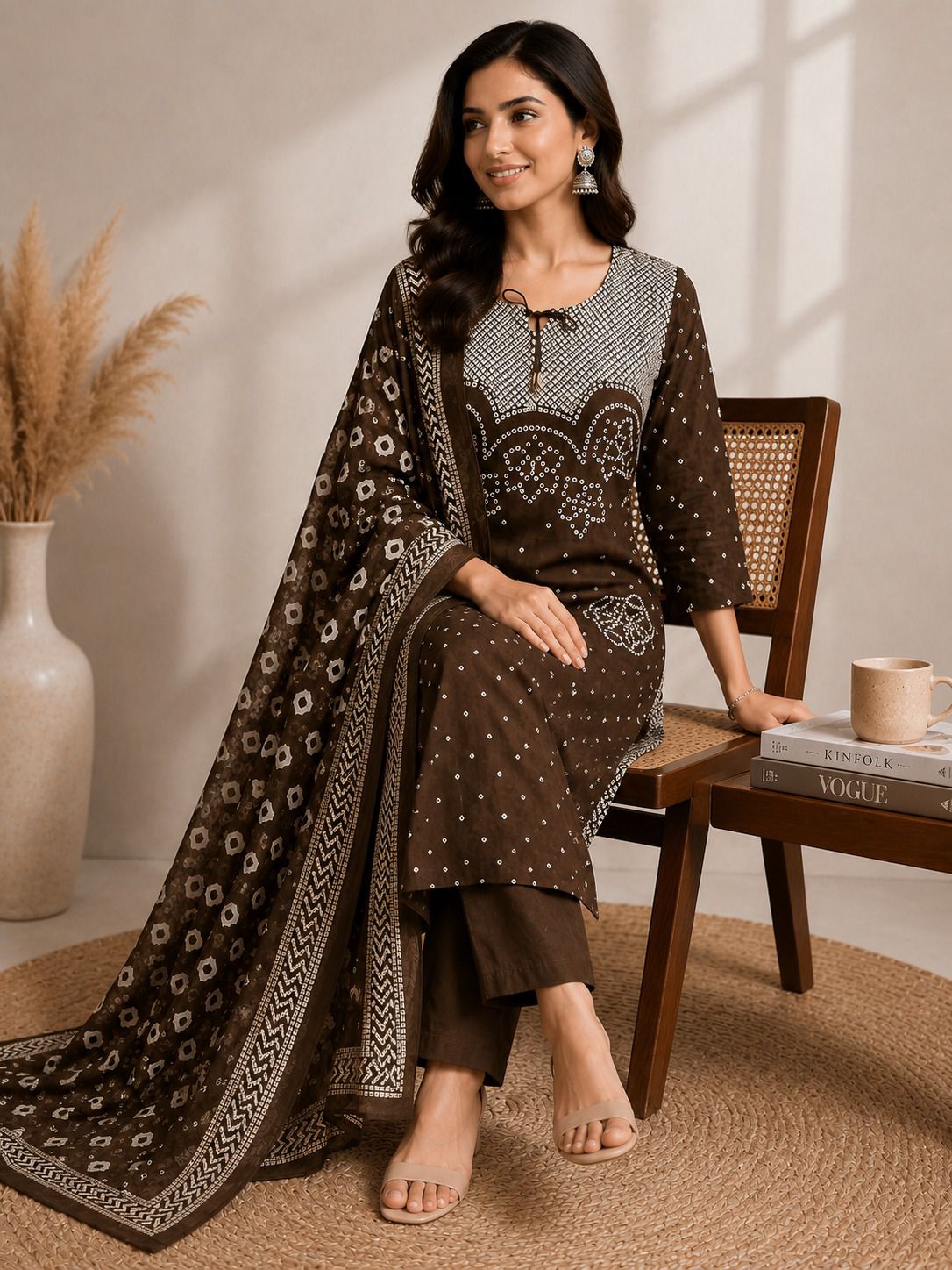Kasturi-Brown Bandhej Discharge Print Cotton Suit Set