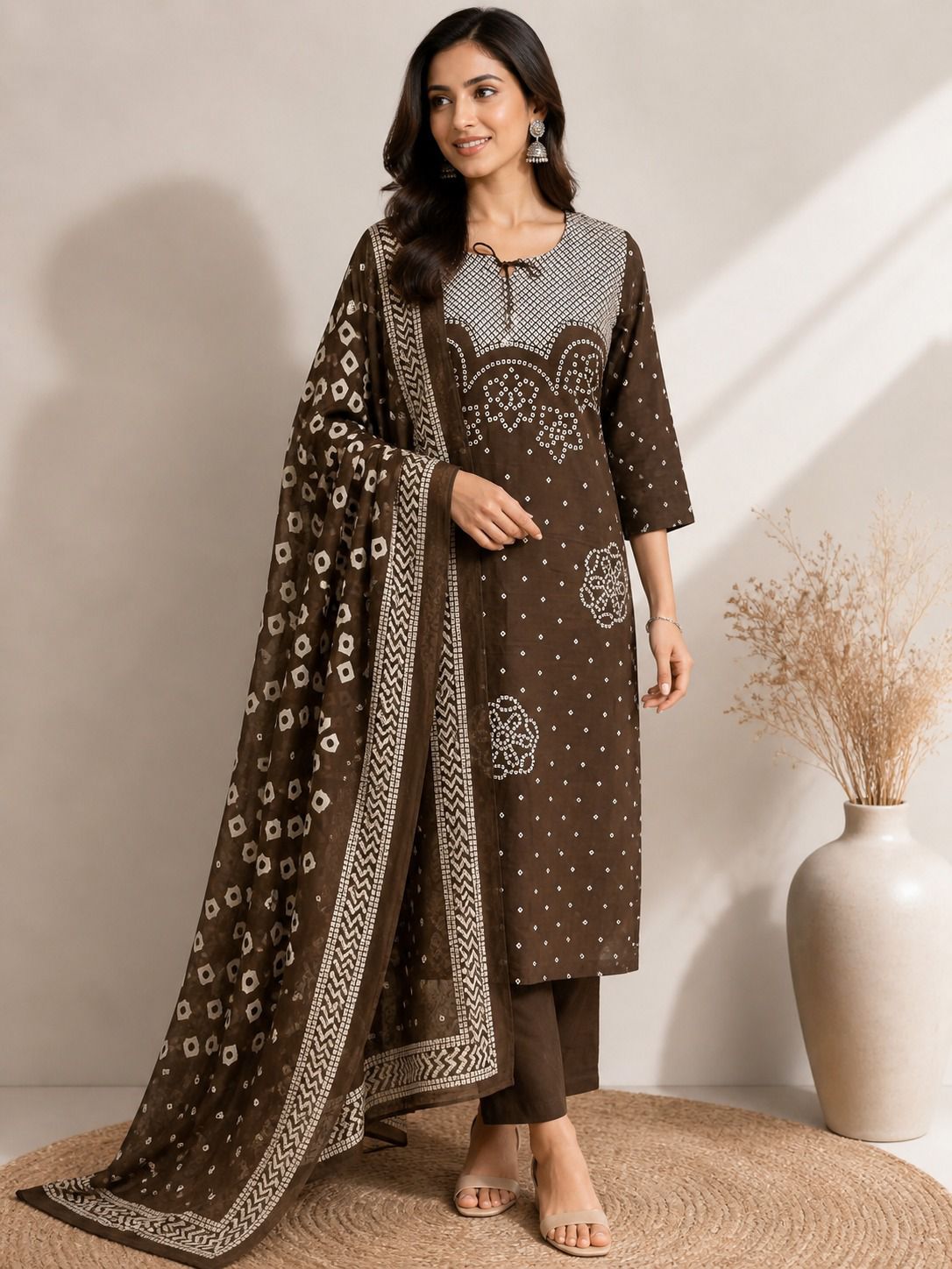 Kasturi-Brown Bandhej Discharge Print Cotton Suit Set