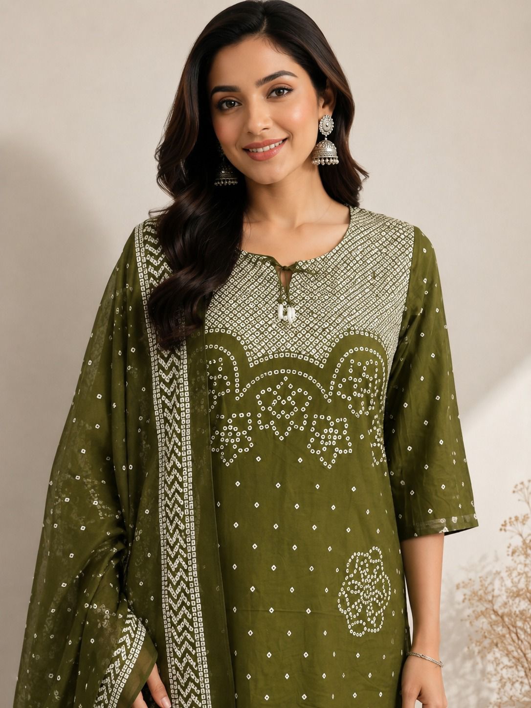 Roma-Olive Green Bandhej Discharge Print Cotton Suit Set