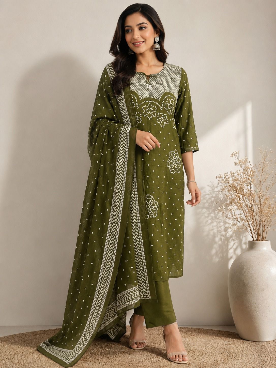 Roma-Olive Green Bandhej Discharge Print Cotton Suit Set