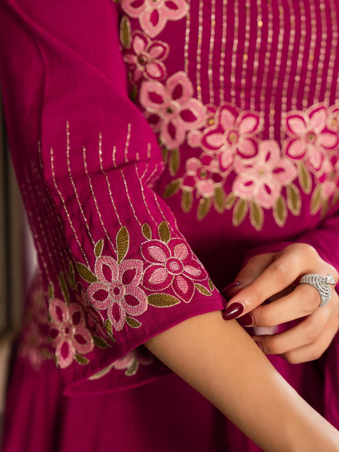 Magenta Gulabi-Embroidered A-Line Pink Cotton Suit Set