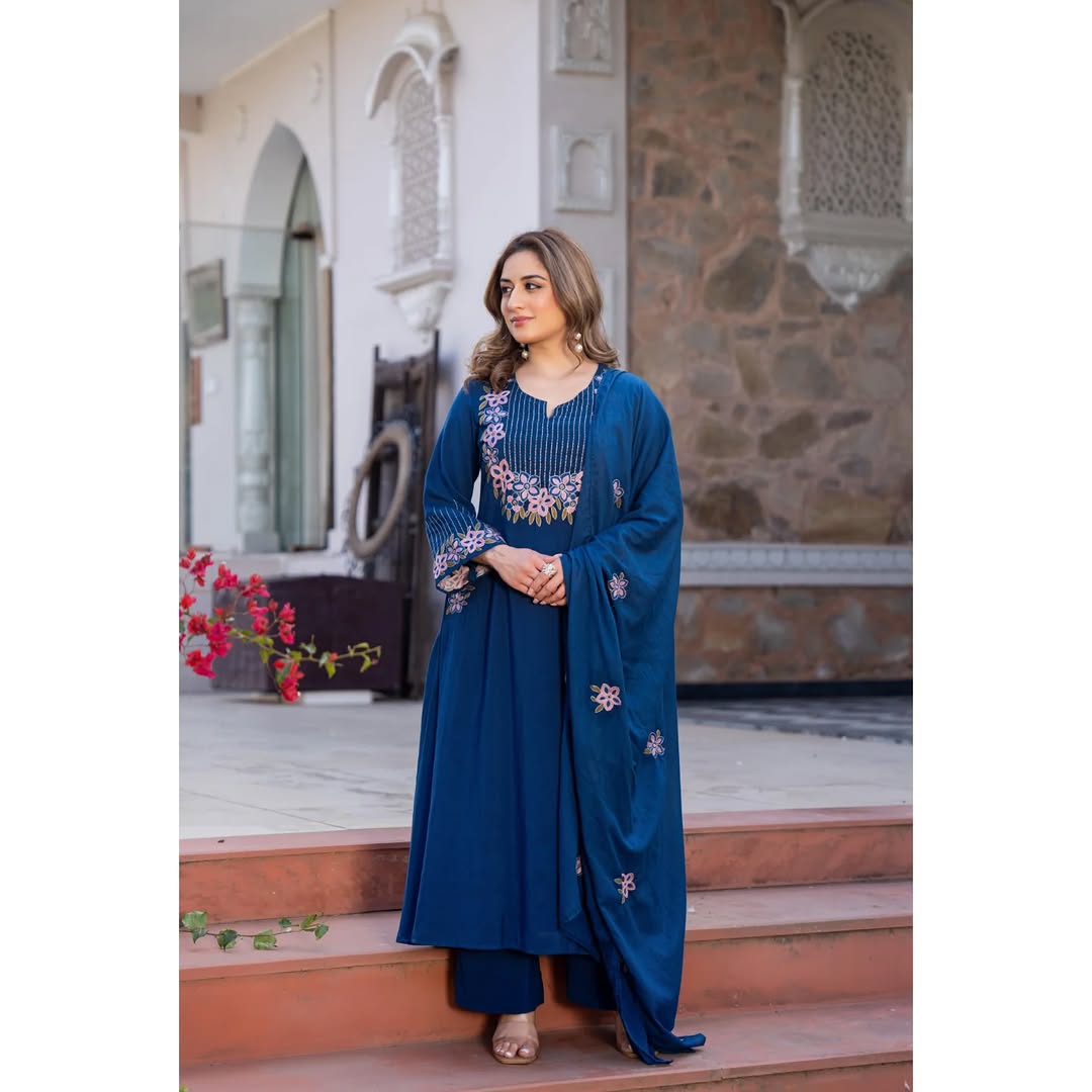Neelam-Blue Embroidered A-Line Cotton Suit Set