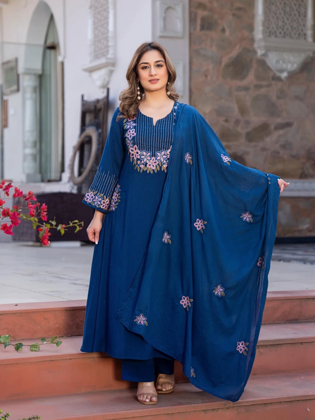 Neelam-Blue Embroidered A-Line Cotton Suit Set