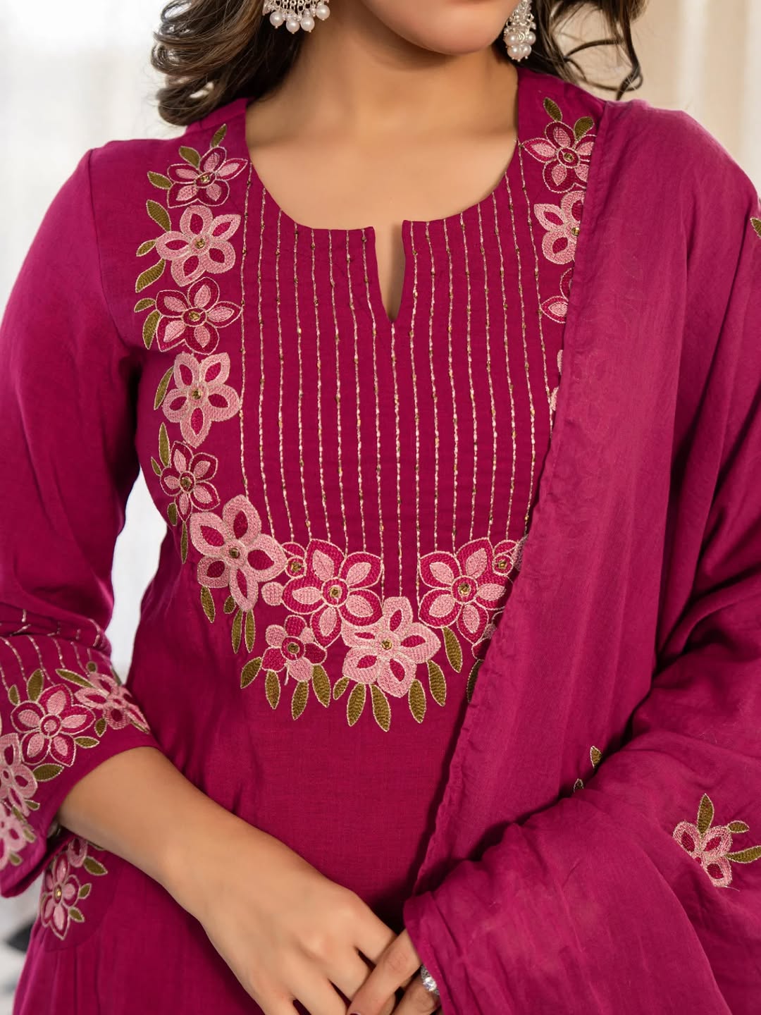 Magenta Gulabi-Embroidered A-Line Pink Cotton Suit Set