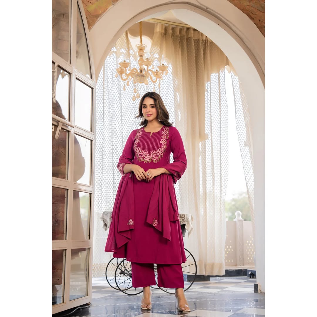 Magenta Gulabi-Embroidered A-Line Pink Cotton Suit Set