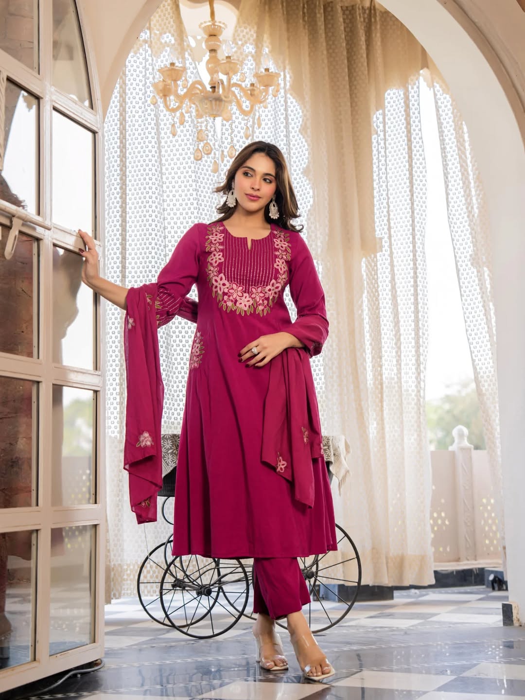 Magenta Gulabi-Embroidered A-Line Pink Cotton Suit Set