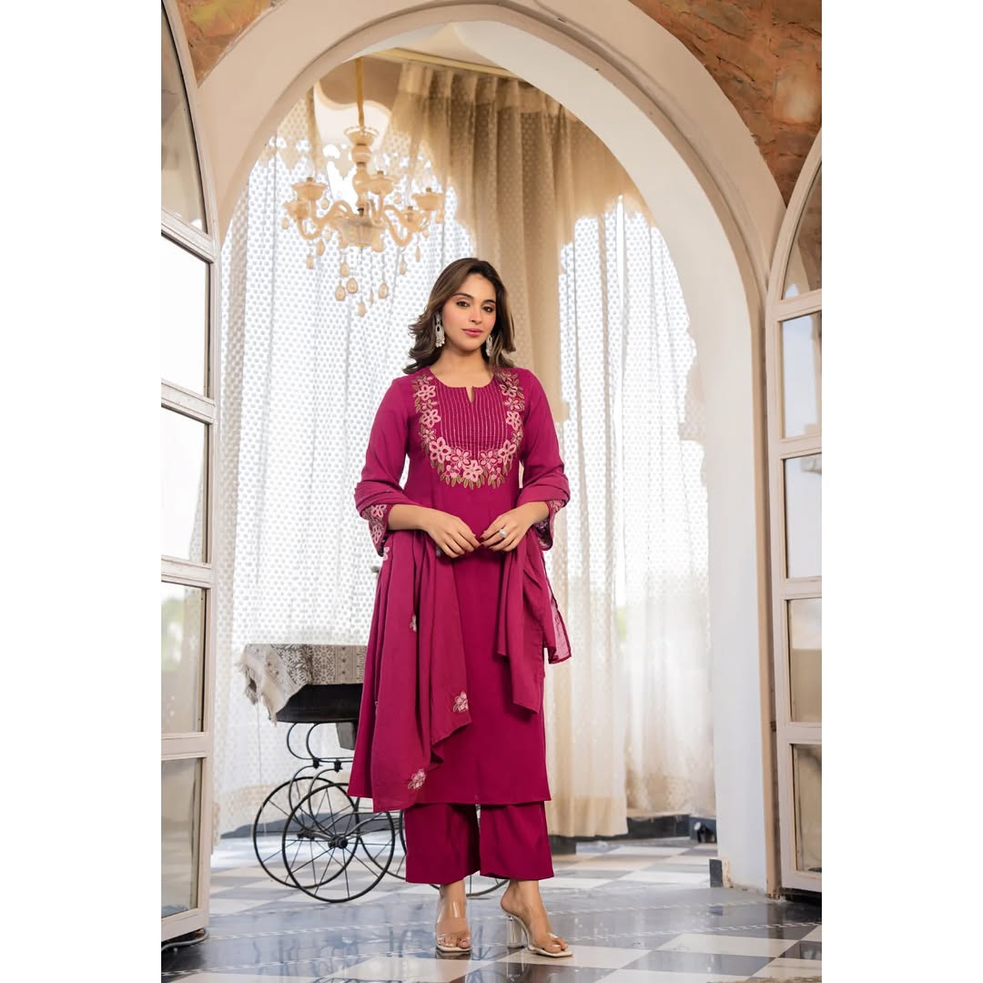 Magenta Gulabi-Embroidered A-Line Pink Cotton Suit Set