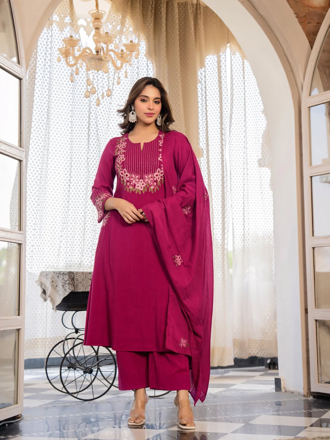 Magenta Gulabi-Embroidered A-Line Pink Cotton Suit Set