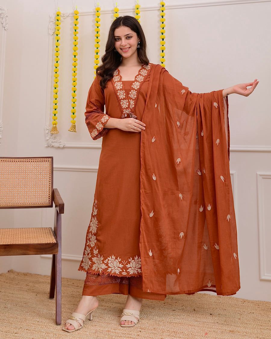 Rustam Terracotta Embroidered Cotton Kurta Palazzo Set