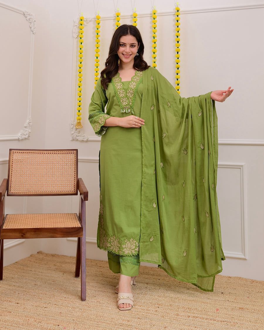 Mehendi Green Embroidered Cotton Kurta Palazzo Set