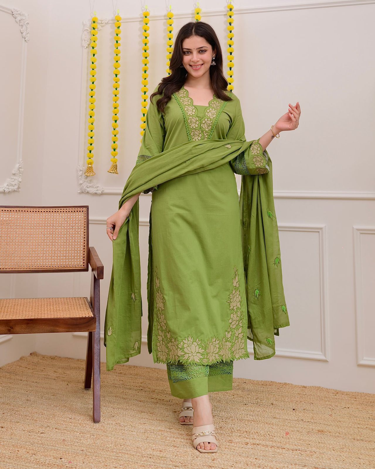 Mehendi Green Embroidered Cotton Kurta Palazzo Set