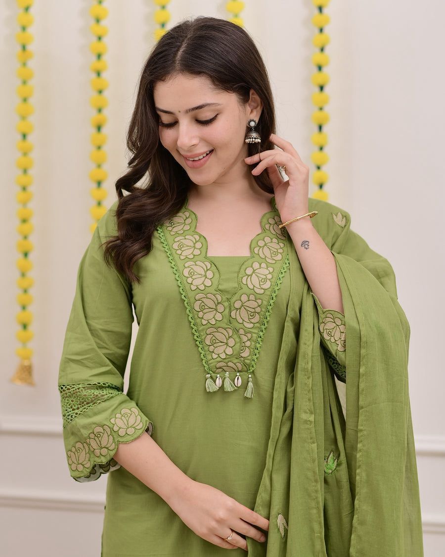 Mehendi Green Embroidered Cotton Kurta Palazzo Set