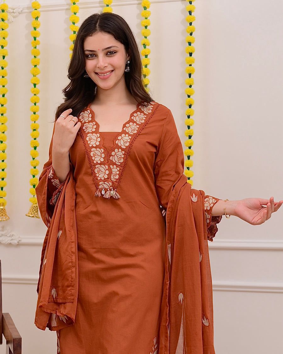 Rustam Terracotta Embroidered Cotton Kurta Palazzo Set