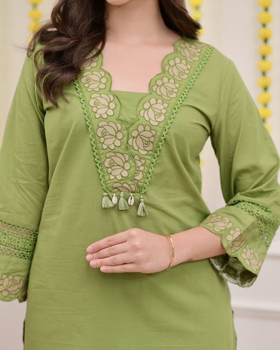 Mehendi Green Embroidered Cotton Kurta Palazzo Set