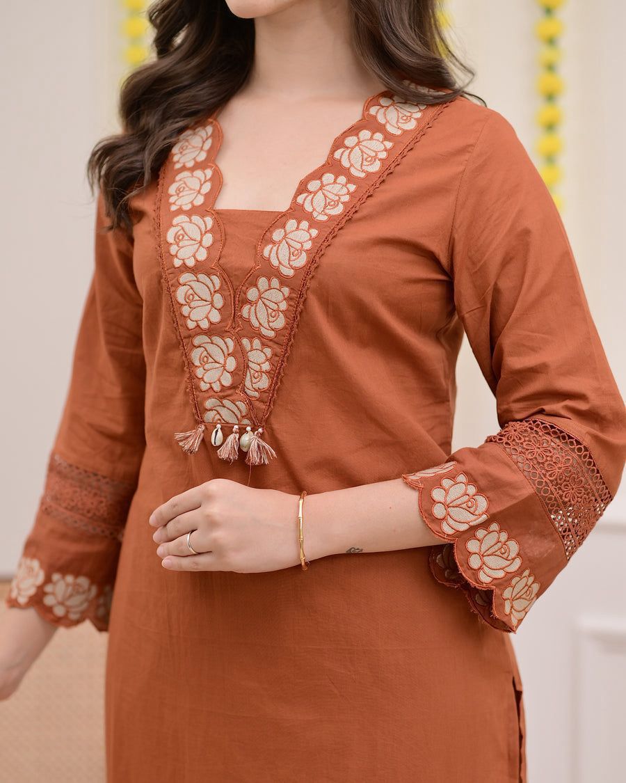 Rustam Terracotta Embroidered Cotton Kurta Palazzo Set