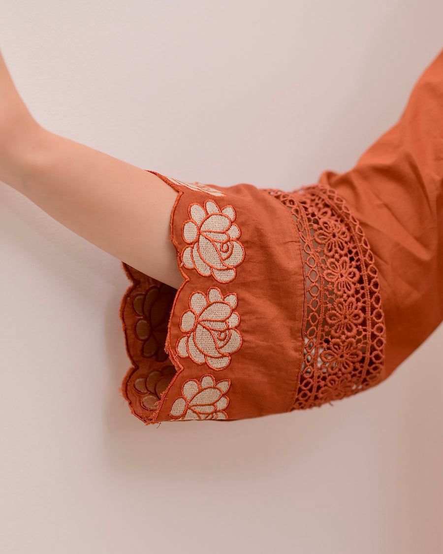 Rustam Terracotta Embroidered Cotton Kurta Palazzo Set
