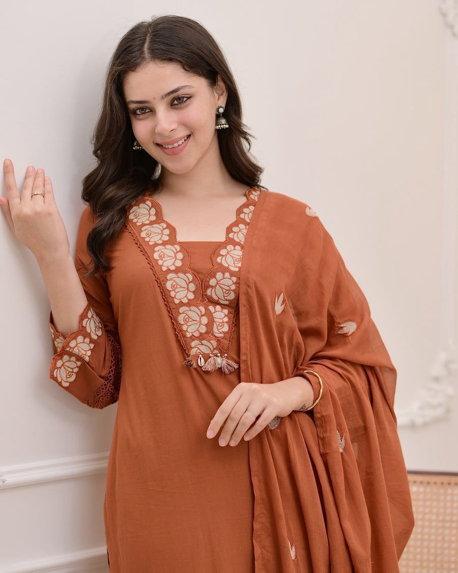 Rustam Terracotta Embroidered Cotton Kurta Palazzo Set