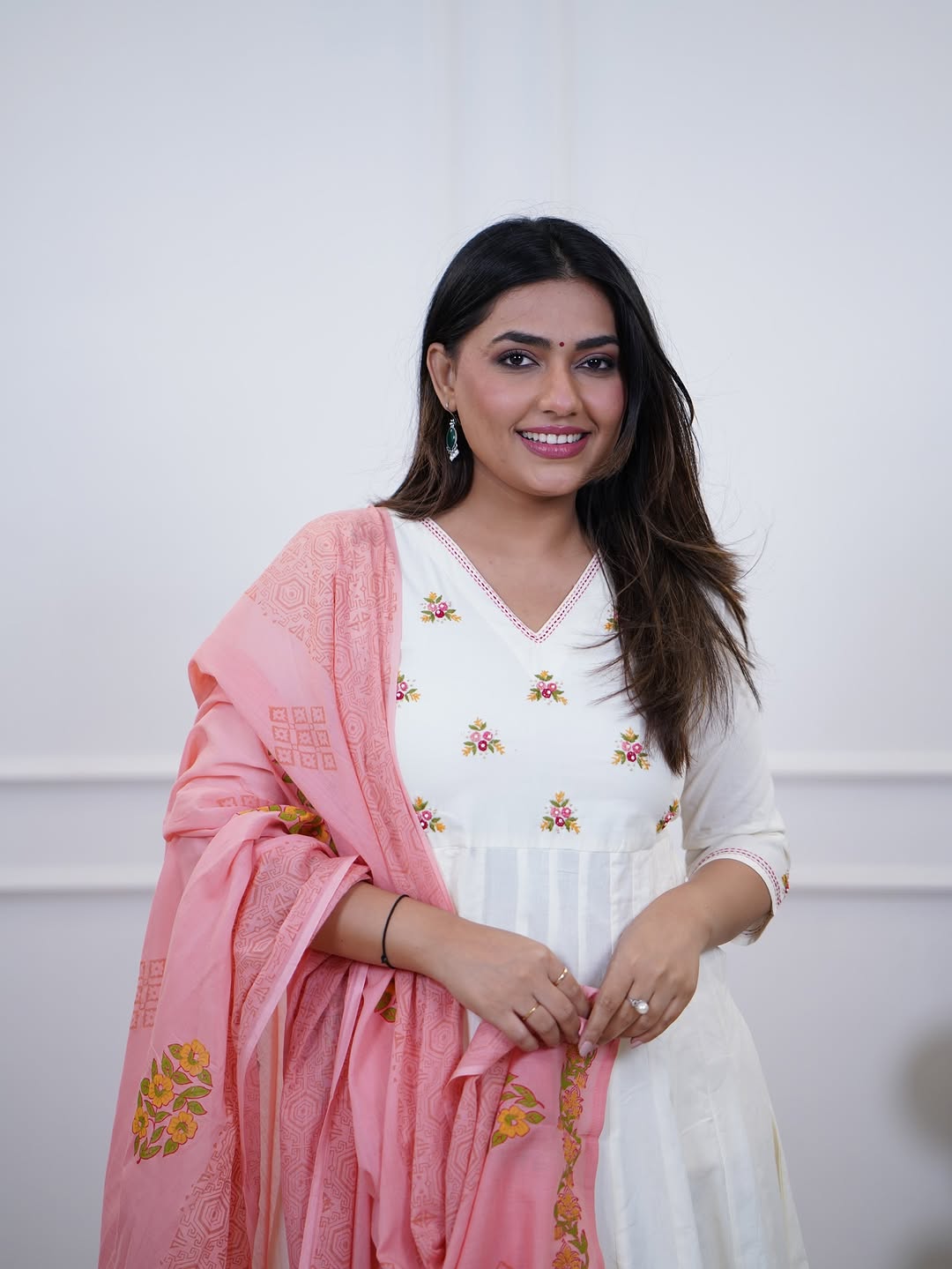 Trisha White Embroidered Cotton Anarkali Pant Set with Pink Dupatta