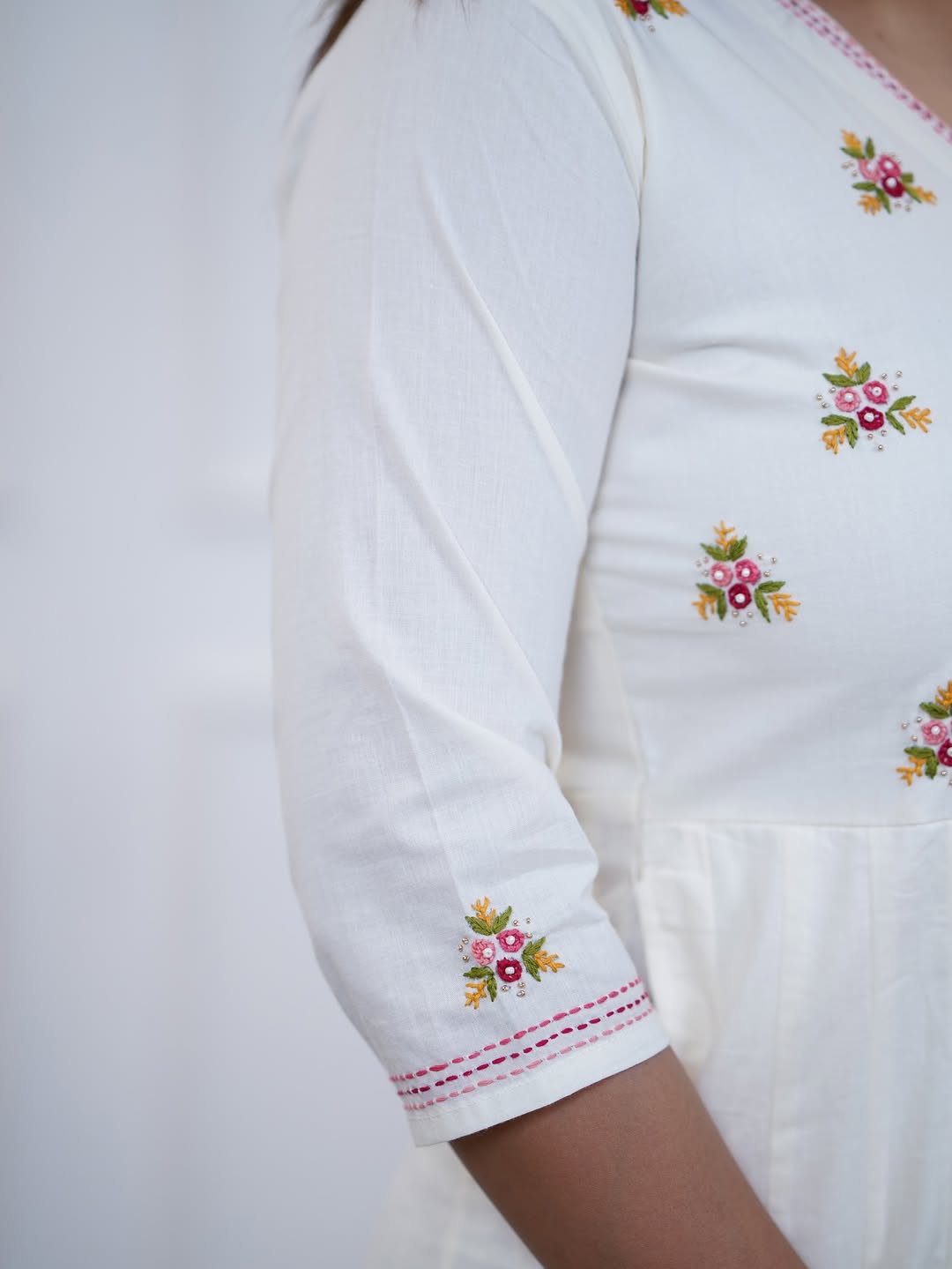 Trisha White Embroidered Cotton Anarkali Pant Set with Pink Dupatta