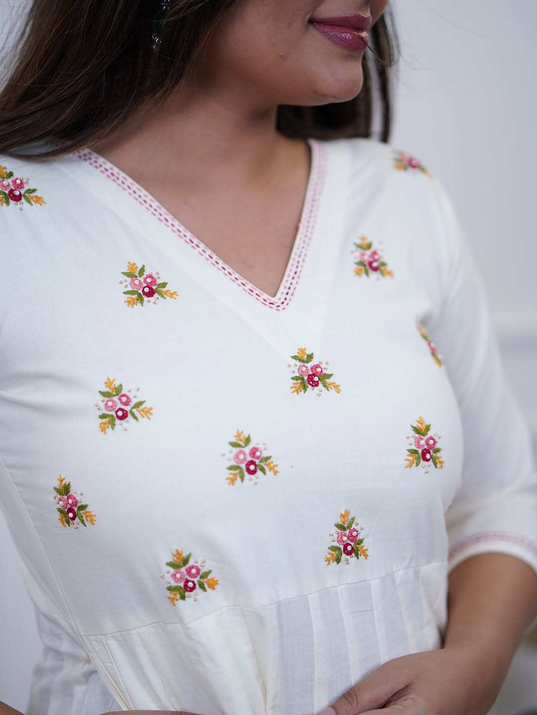 Trisha White Embroidered Cotton Anarkali Pant Set with Pink Dupatta