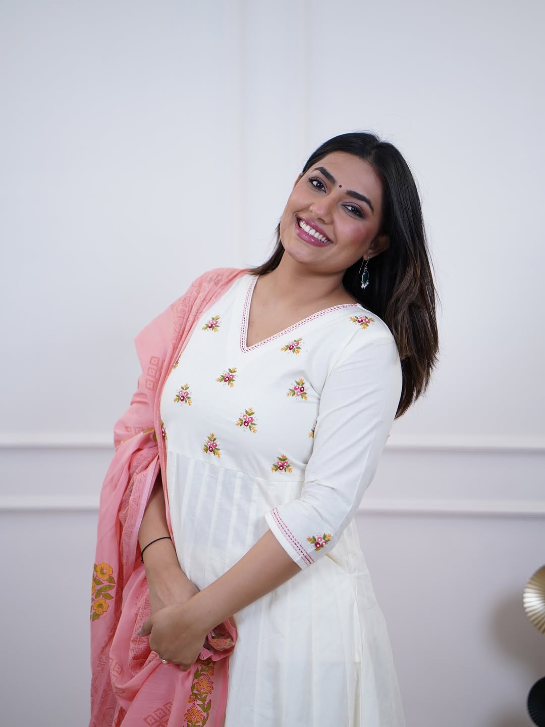 Trisha White Embroidered Cotton Anarkali Pant Set with Pink Dupatta