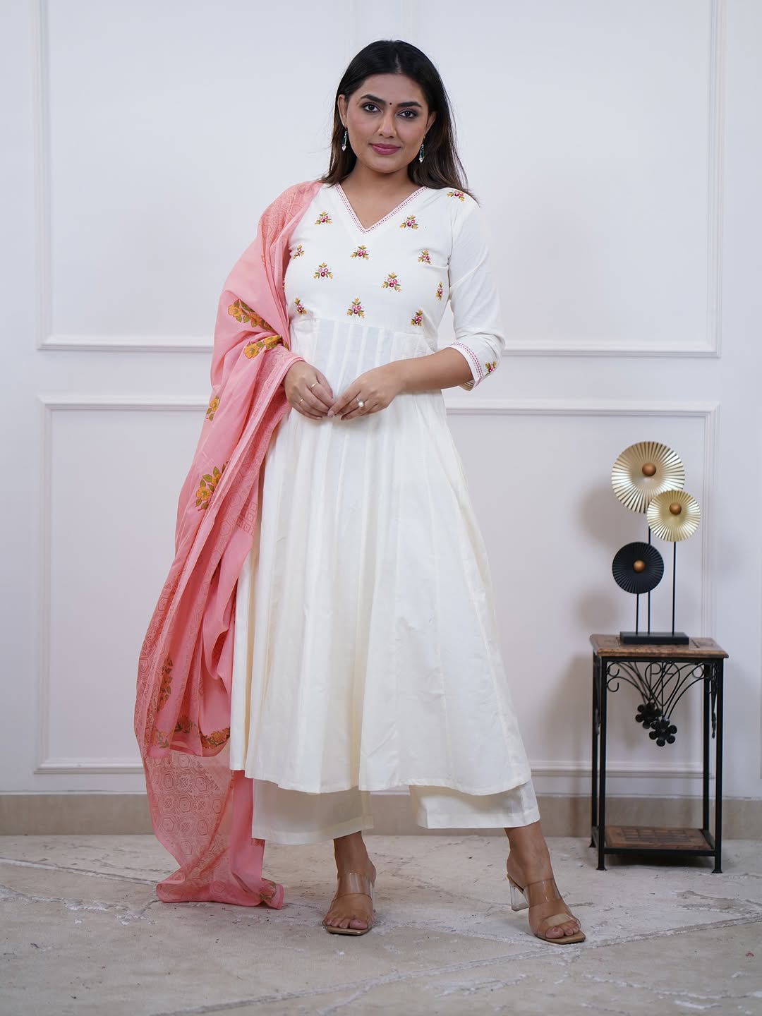 Trisha White Embroidered Cotton Anarkali Pant Set with Pink Dupatta