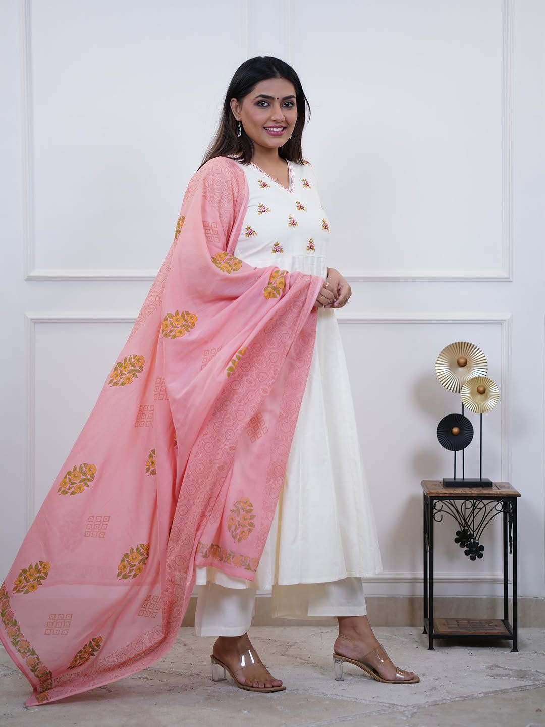 Trisha White Embroidered Cotton Anarkali Pant Set with Pink Dupatta