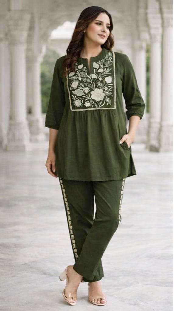 Gia Beautifu Green Cord set with Embroidery kurti with pant