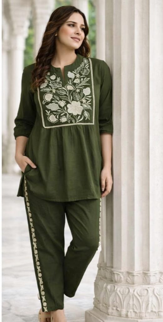 Gia Beautifu Green Cord set with Embroidery kurti with pant