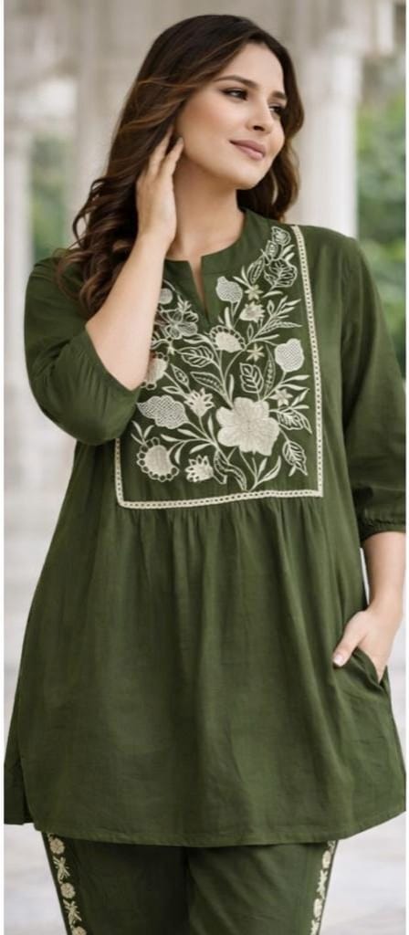 Gia Beautifu Green Cord set with Embroidery kurti with pant