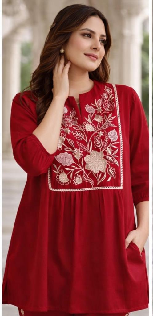 Alina Beautiful Embroidery kurti  With embroider pant Red co-ord set