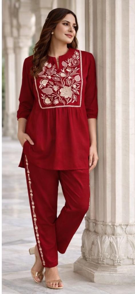 Alina Beautiful Embroidery kurti  With embroider pant Red co-ord set