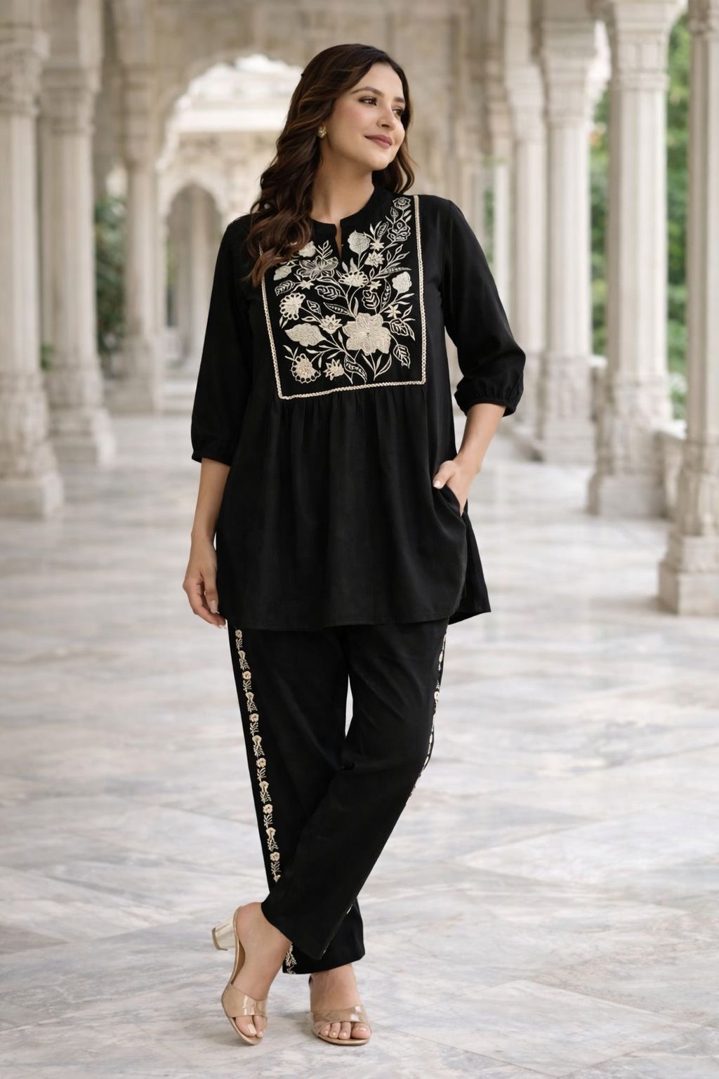 Maria Beautiful Embroidery kurti With embroidery pant Black co-ord set