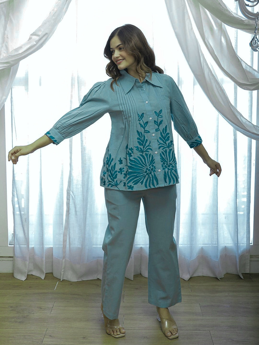 Pearl Floral Embroidered Kurti and Pant Co-ord Set